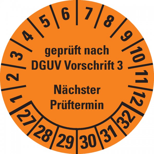 Dreifke® Prüfplakette gepr. DGUV Vorschrift 3,27-32,orange,Folie,ablösbar,Ø 30mm,108/Heft