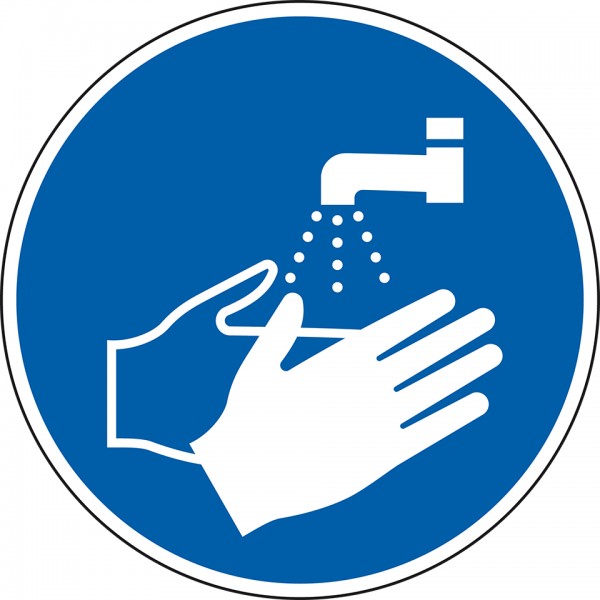 Dreifke® Aufkleber (Folie) &quot;Hände waschen&quot;, Ø10cm, Folie selbstklebend, 1 Stück, Gebotszeichen (M011) gem. ISO 7010