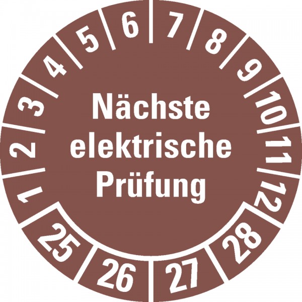 Dreifke® Aufkleber I Prüfplakette Nächste elektrische Prüfung 25-28, braun, Dokufolie, Ø30mm, 18 Stück